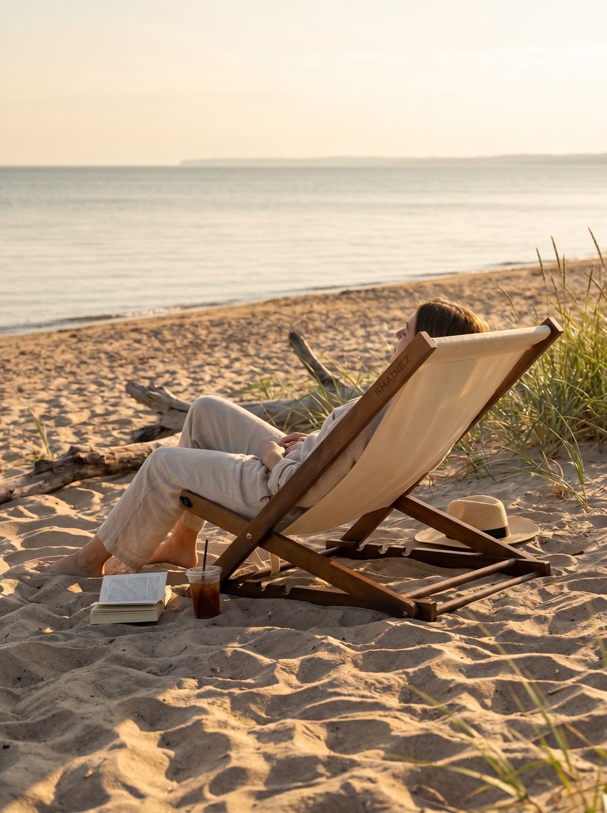 A person relaxing in the shade of a SHADIEZ sun-shade at golden hour