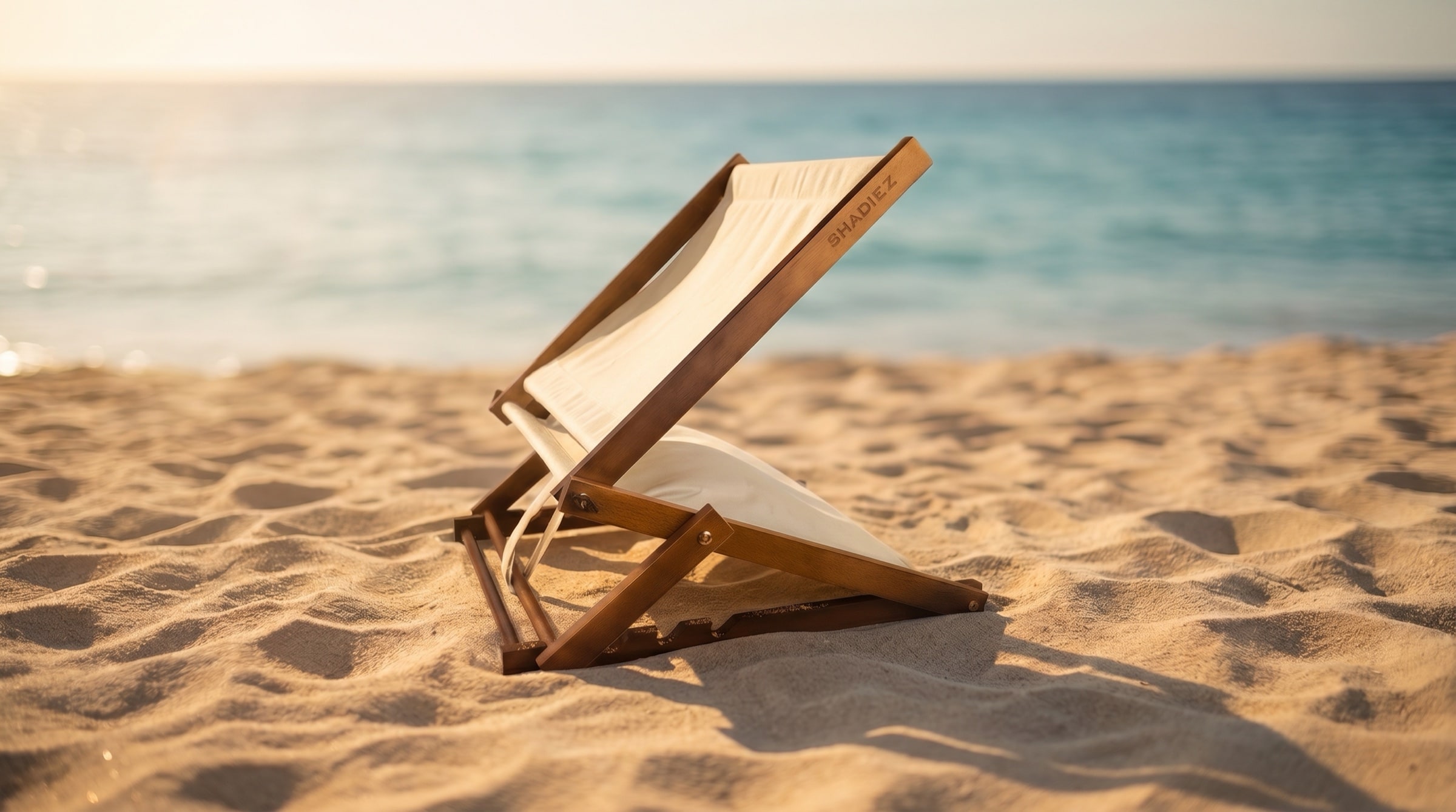 A SHADIEZ portable beach sun-shade on golden sand at golden hour, sea behind